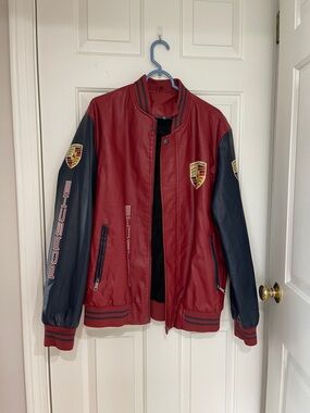 Porche Red and Black Faux Leather Varsity Bomber Jacket